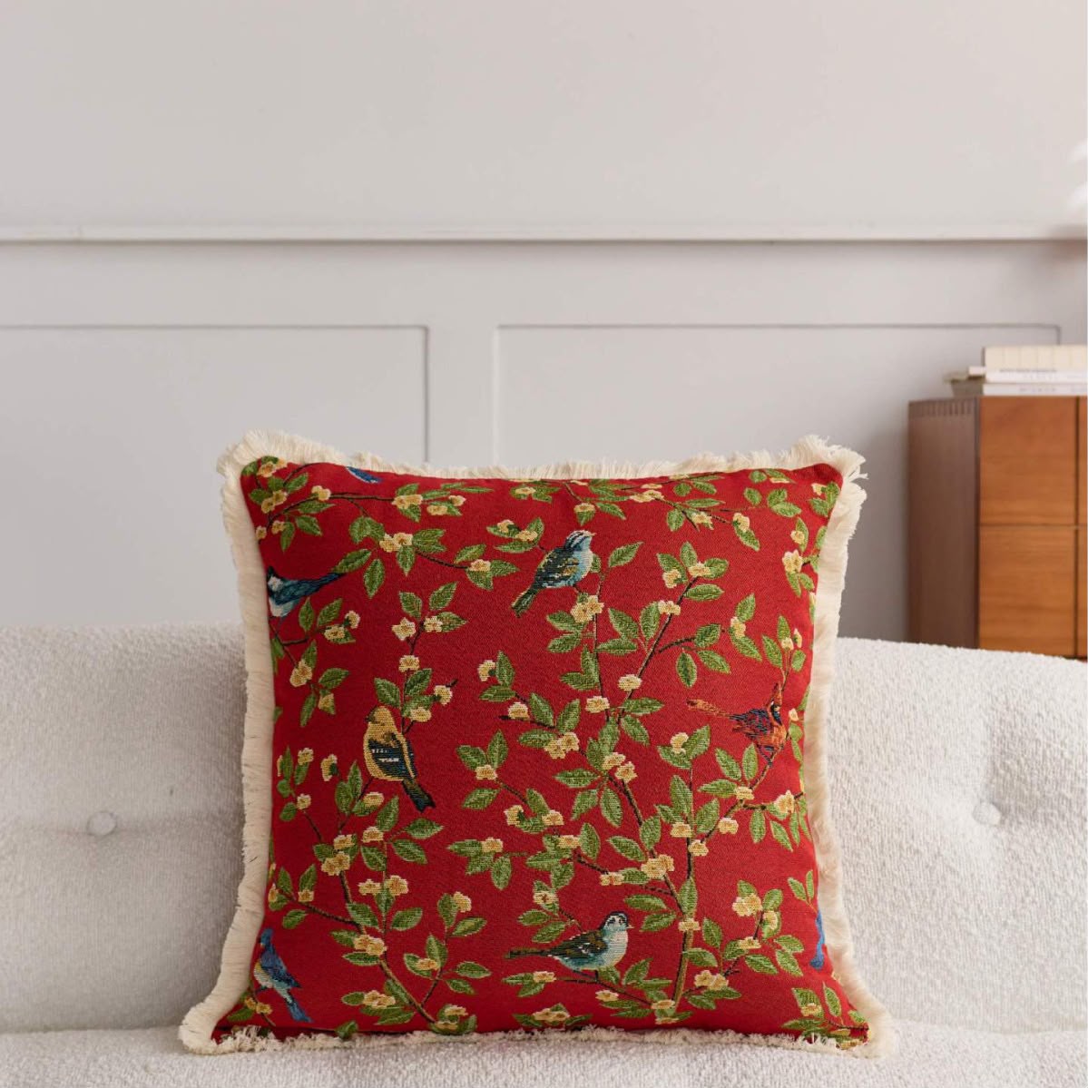 Marguerite Scarlet Songbird Cushion, red tapestry with birds and blossom