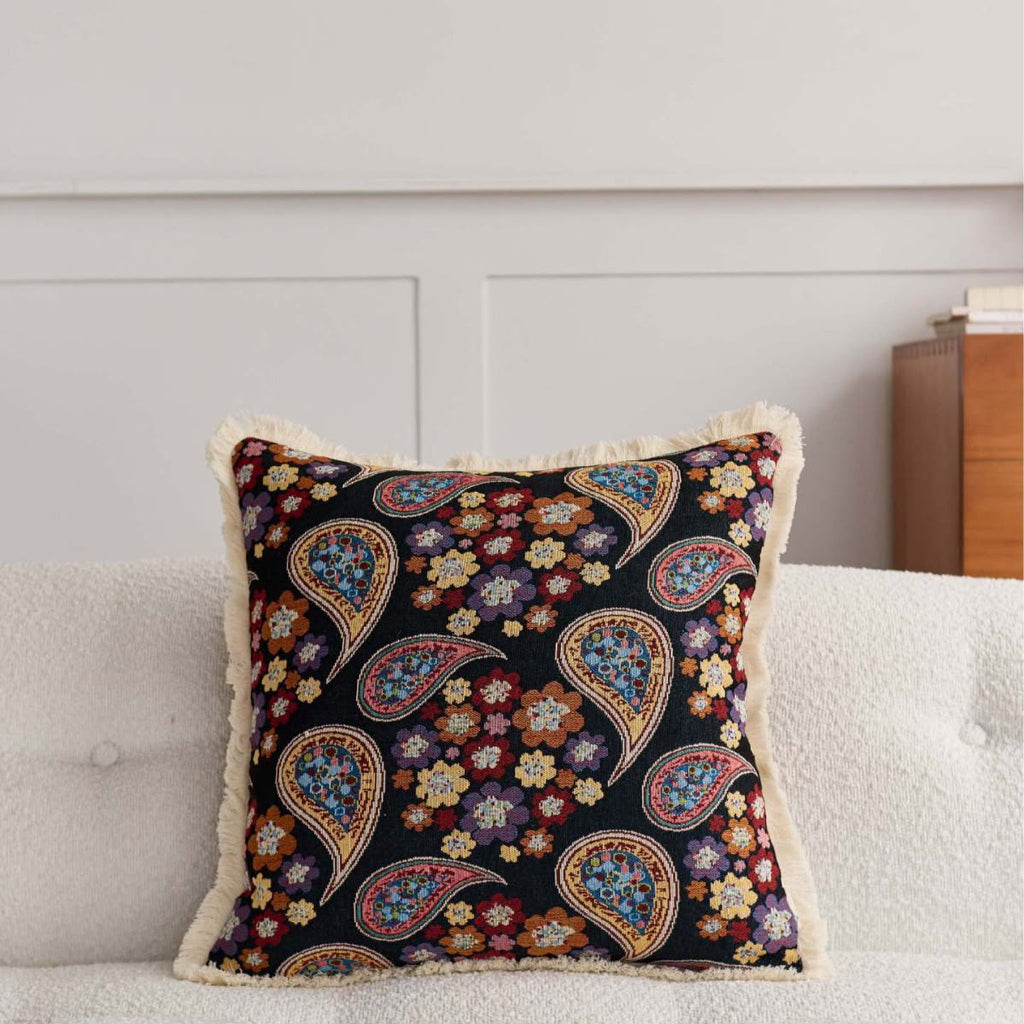 Agnes Folk Paisley Cushion, black tapestry with paisley and folk flowers