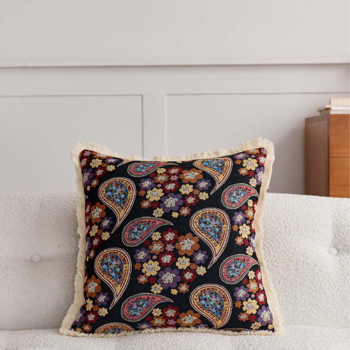 Agnes Folk Paisley Cushion, black tapestry with paisley and folk flowers