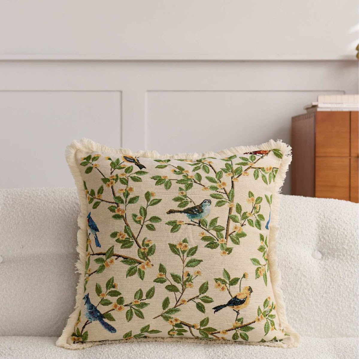 Harriet Songbird Branch Cushion, cream tapestry with birds on blossom branches