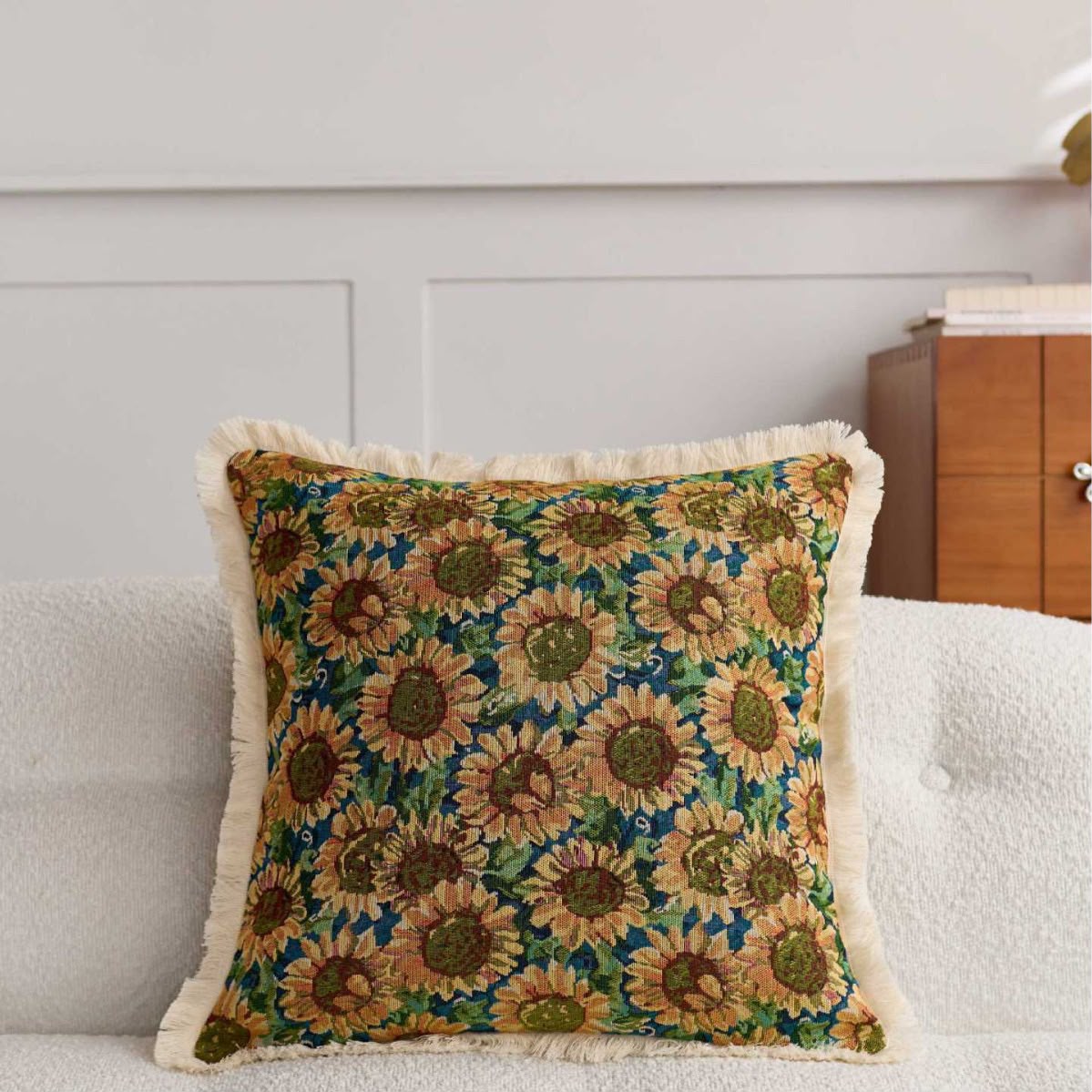 Florence Sunflower Bloom Cushion, woven sunflowers on a deep blue ground