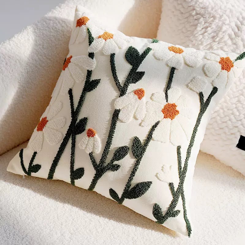 Daisy White Flower Bush Cushion, cream cover with tufted white daisies on green stems