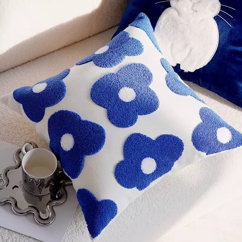 Indigo Blue Flower Tufted Cushion, white cover with blue tufted flowers