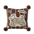 Maple Puppy Stripe Cushion, brown and blue stripes with a puppy motif and pom-pom corners