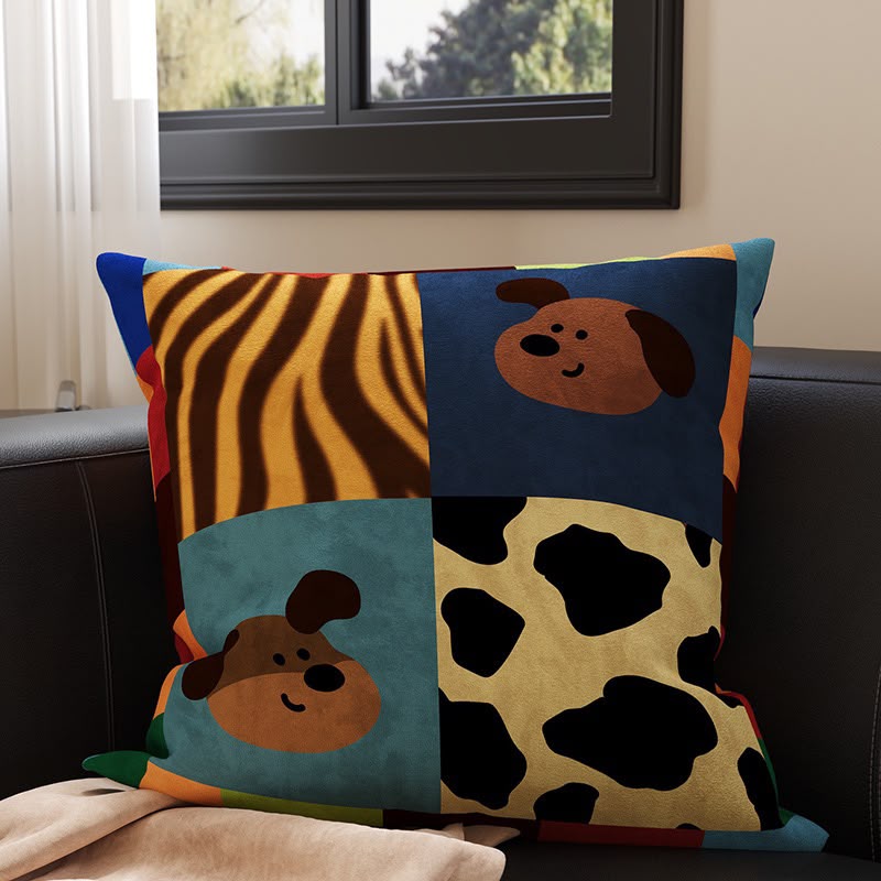 Rory Patchwork Zebra and Pups Cushion, colour-block panels with zebra stripes, two pups and cow print