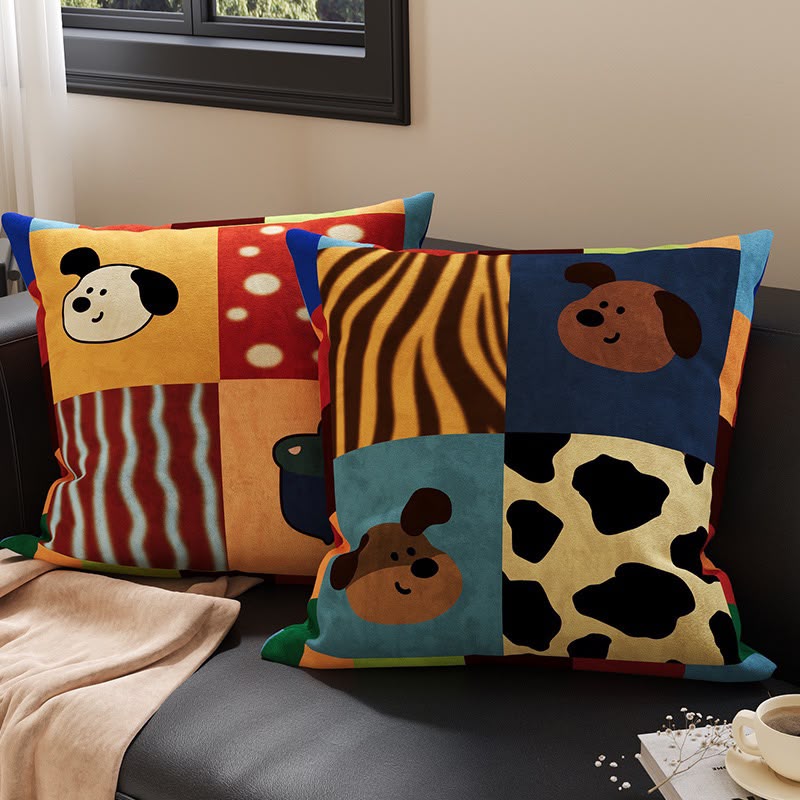 Pepper Patchwork Acorn Pup Cushion on a sofa with the matching patchwork cushion