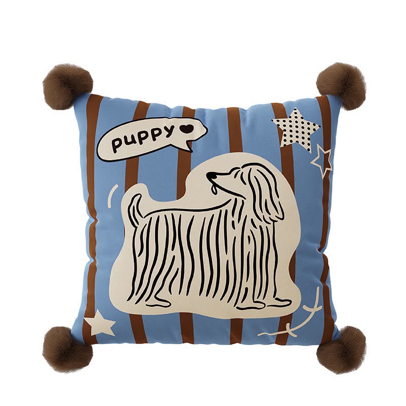 Juno Blue Puppy Stripe Cushion, blue and brown stripes with a puppy motif and pom-pom corners