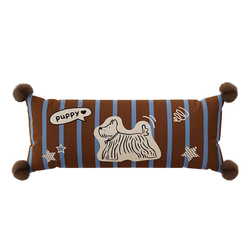 Maple Puppy Stripe Bolster Cushion, long brown and blue striped cushion with pom-pom corners