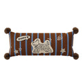 Maple Puppy Stripe Bolster Cushion, long brown and blue striped cushion with pom-pom corners