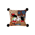 Poppy Patchwork Puppy Cushion, spotted and floral patchwork with a dachshund applique and pom-pom corners