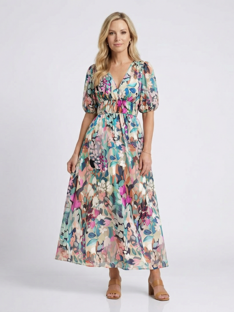 Hazel Floral Gathered-Waist Midi Dress