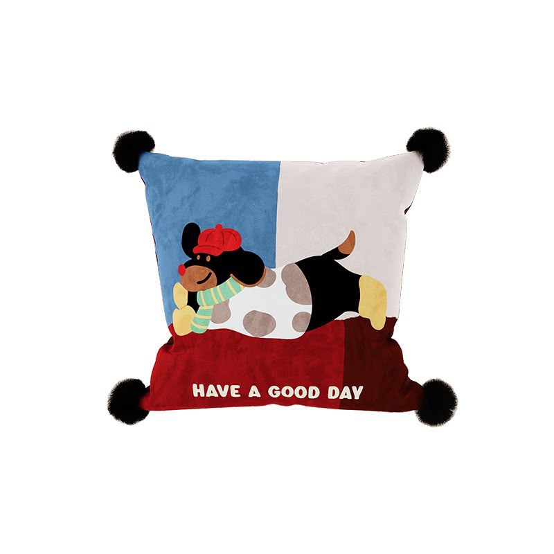 Pearl Red Cap Puppy Cushion, blue white and red patchwork with a dachshund in a red cap