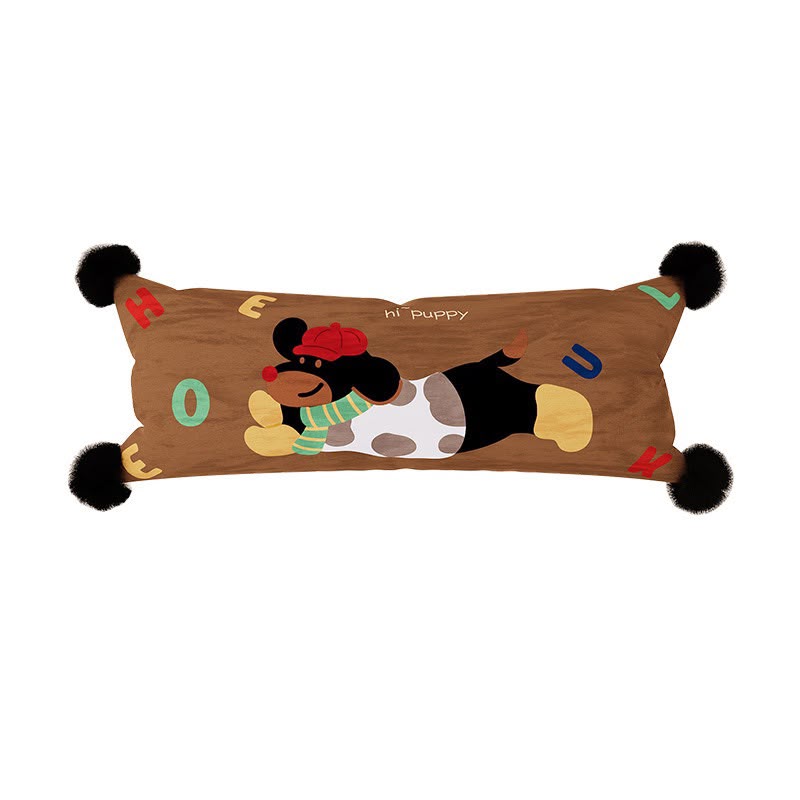 Poppy Hi Puppy Bolster Cushion, long brown cushion with a dachshund applique and pom-pom corners