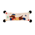 Clover Hi Puppy Bolster Cushion, long cream cushion with a dachshund in a star jumper and pom-pom corners