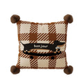 Colette Bonjour Check Cushion, brown check cushion with a long dachshund and pom-pom corners