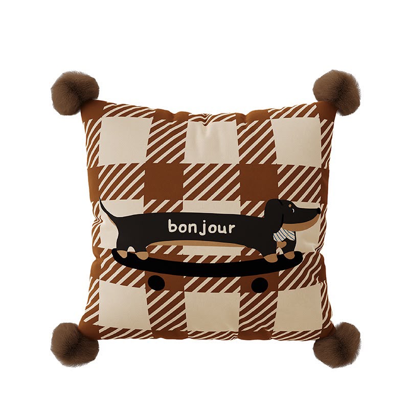 Colette Bonjour Check Cushion, brown check cushion with a long dachshund and pom-pom corners