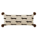 Simone Bonjour Dachshund Bolster Cushion, long cream cushion with repeating dachshunds and pom-pom corners