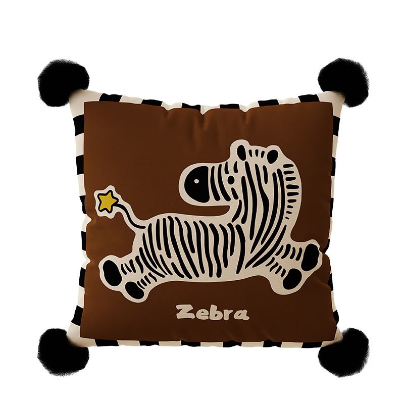 Romy Zebra Stripe Cushion, brown cushion with a zebra print, striped border and black pom-pom corners
