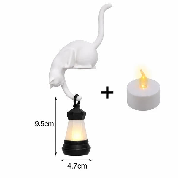 Cat and lantern shelf hanger with LED tea light, dimensions 9.5cm by 4.7cm