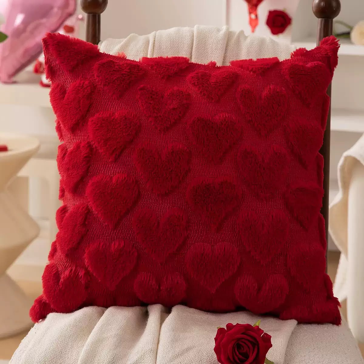 Scarlett Red Plush Heart Cushion, deep red cover with raised fluffy hearts