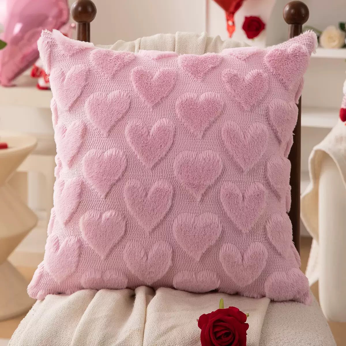 Rosie Pink Plush Heart Cushion, soft pink cover with raised fluffy hearts