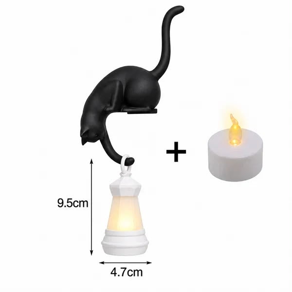 Cat and lantern shelf hanger with LED tea light, dimensions 9.5cm by 4.7cm