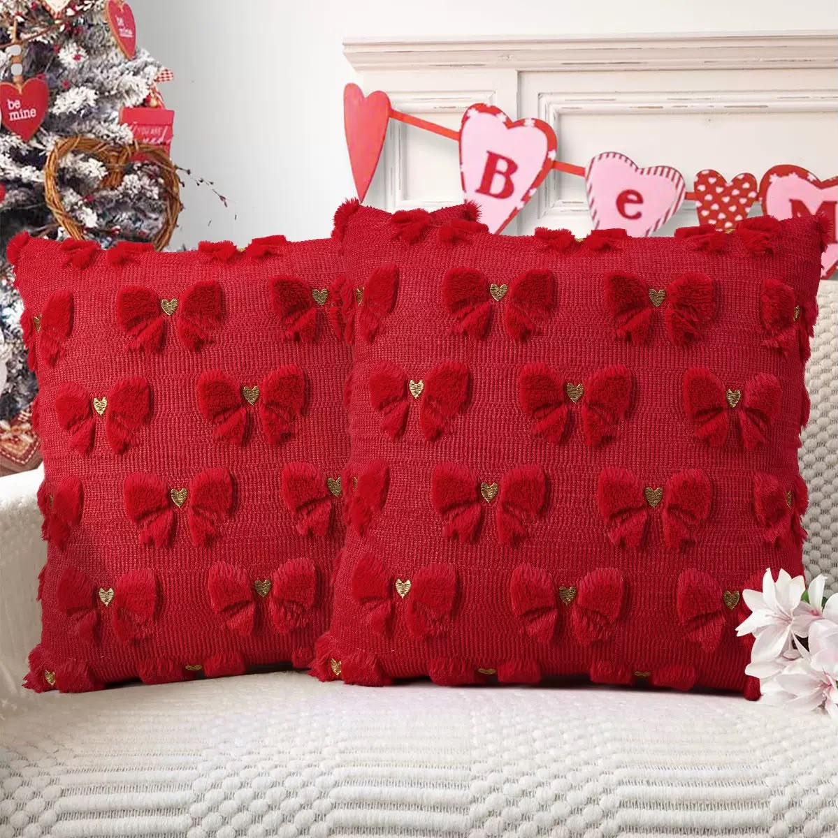 Ruby Red Plush Bow Cushion, red cover with tufted bows and gold heart centres