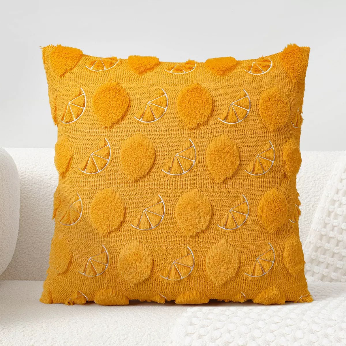 Clementine Lemon Tufted Cushion, mustard yellow cover with tufted lemon motifs