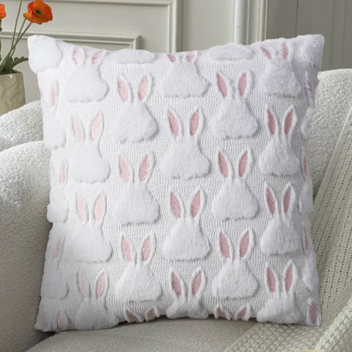 Pip Bunny Tufted Cushion, white cover with fluffy bunnies and pink ears