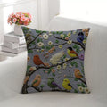 Wren Embroidered Songbird Cushion, grey cover with birds and blossom in a raised stitch design
