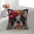 Flora Flower Crown Terrier Cushion, Boston terrier wearing a flower crown on a grey cover