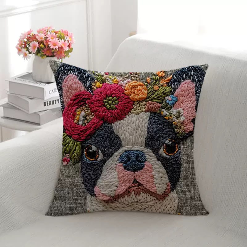 Flora Flower Crown Terrier Cushion, Boston terrier wearing a flower crown on a grey cover