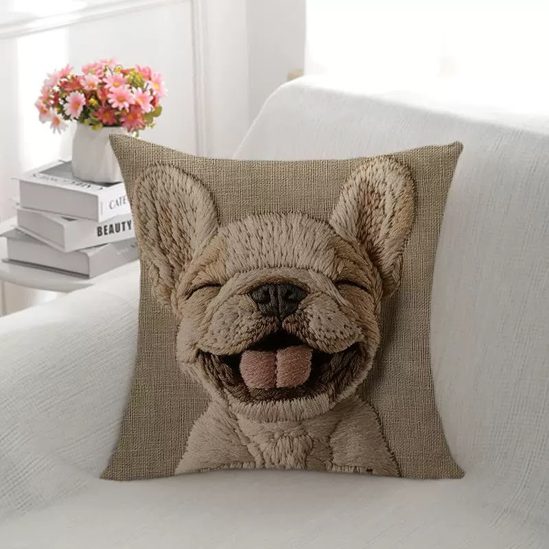 Alfie Happy Frenchie Cushion, smiling French bulldog on a natural linen cover