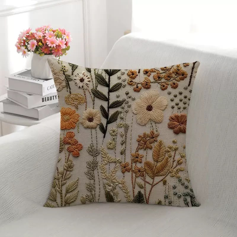 Meadow Wildflower Stitch Cushion, cream cover with an embroidered wildflower meadow
