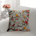 Lark Blossom Branch Birds Cushion, grey-blue cover with birds perched on blossom branches