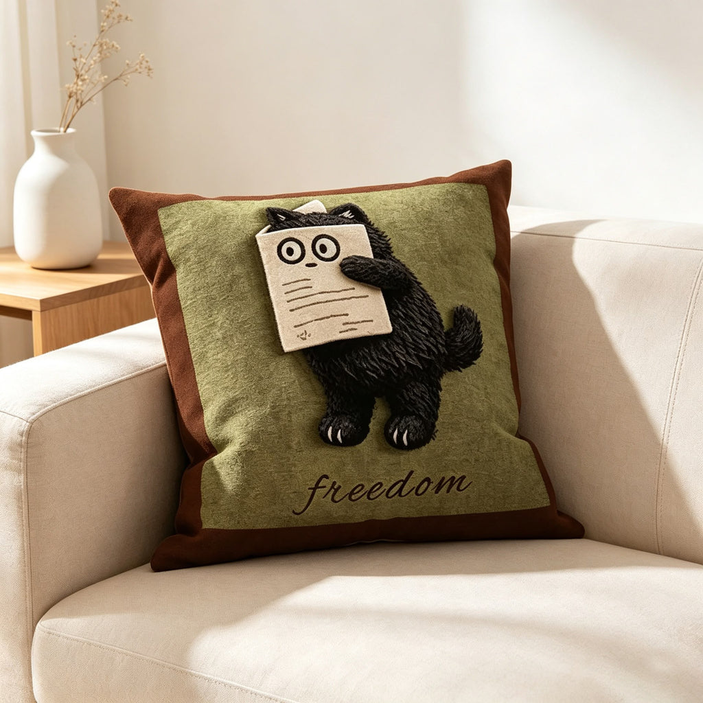 Nimbus Freedom Letter Cat Cushion, green cushion with a tufted black cat holding a letter and a brown border