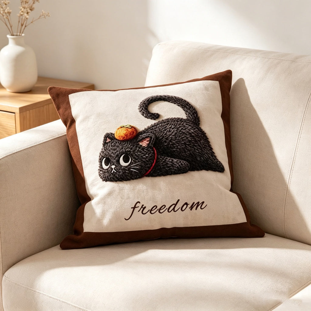 Clementina Freedom Orange Cat Cushion, cream cushion with a tufted black cat and an orange on its head
