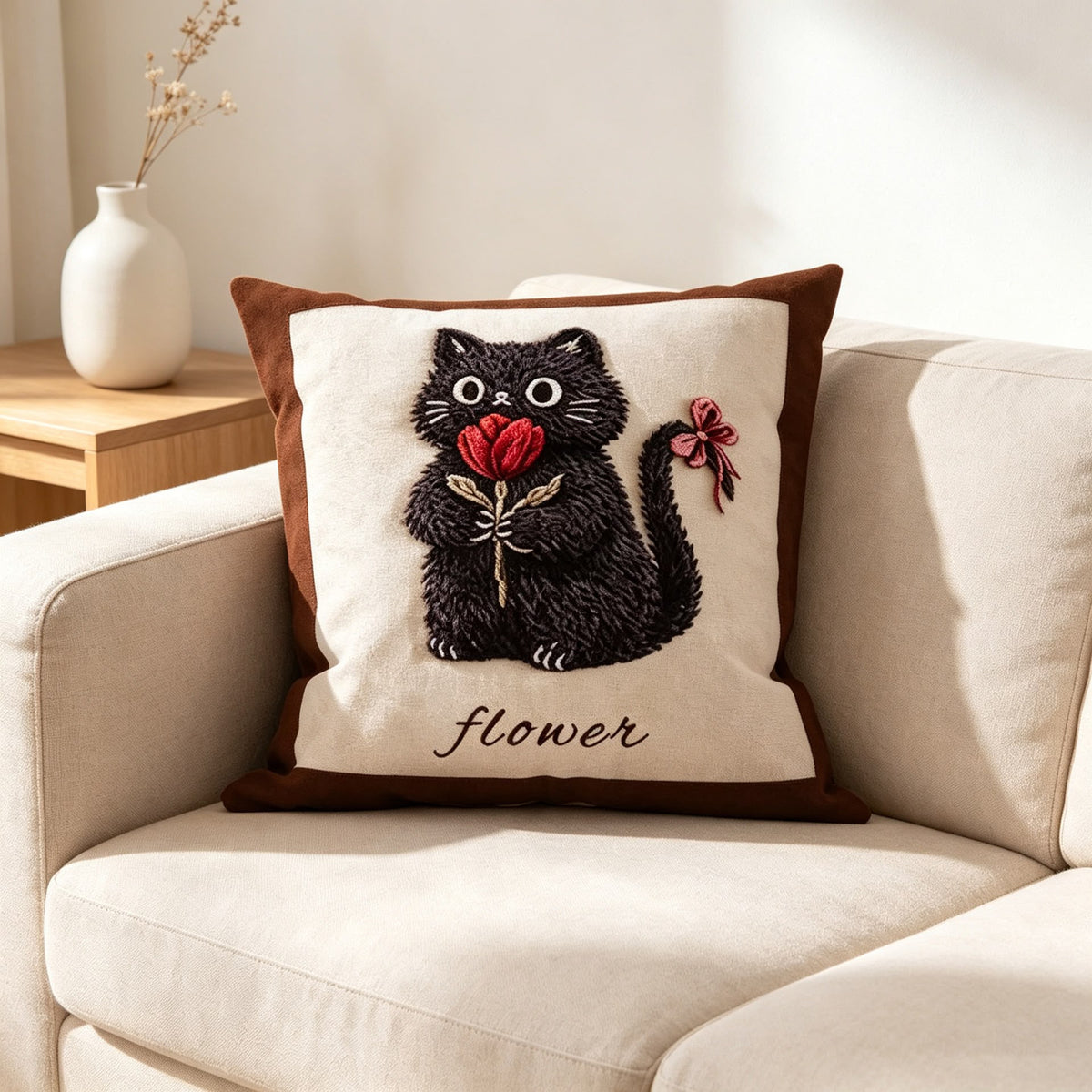 Rosabel Flower Cat Cushion, cream cushion with a tufted black cat holding a red tulip and a bow on its tail