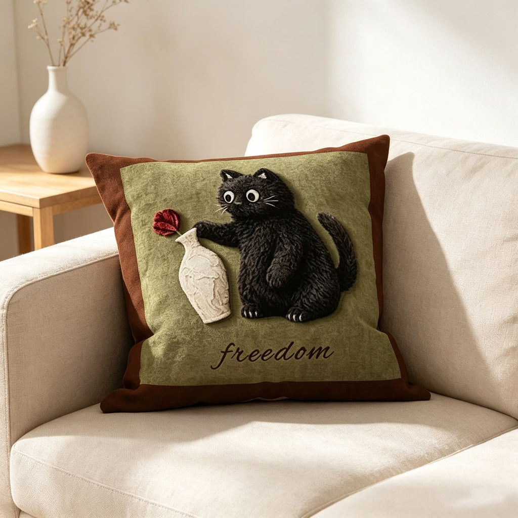 Olive Freedom Vase Cat Cushion, green cushion with a tufted black cat reaching for a vase and red flower