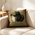 Olive Freedom Vase Cat Cushion, green cushion with a tufted black cat reaching for a vase and red flower
