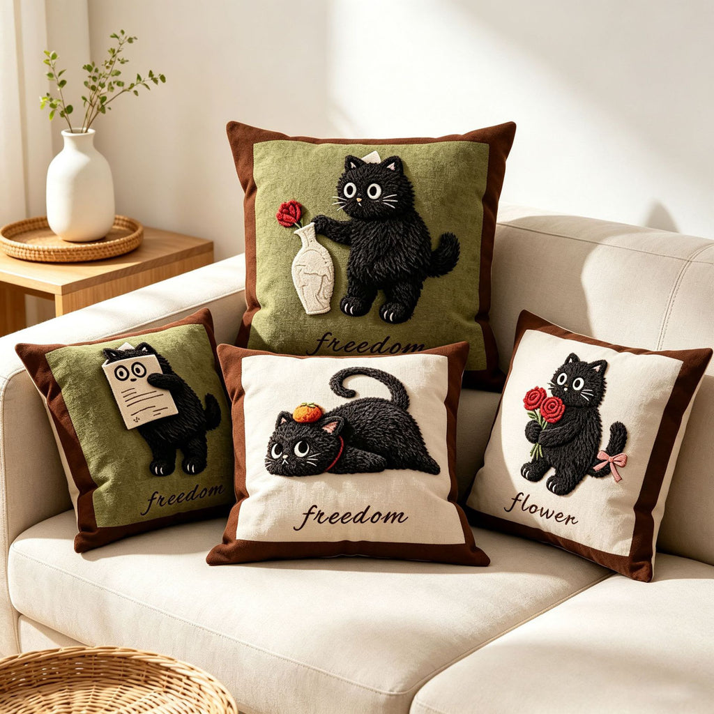 All four black cat cushions grouped on a cream sofa