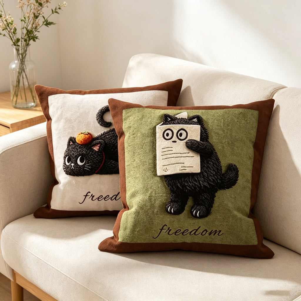 Nimbus Freedom Letter Cat Cushion on a sofa beside the matching cream cat cushion