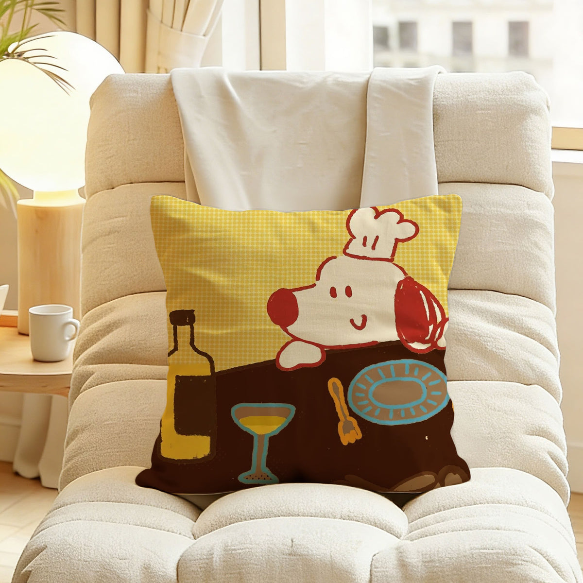 Biscuit Chef Puppy Cushion, yellow gingham cushion with a cartoon dog in a chef hat