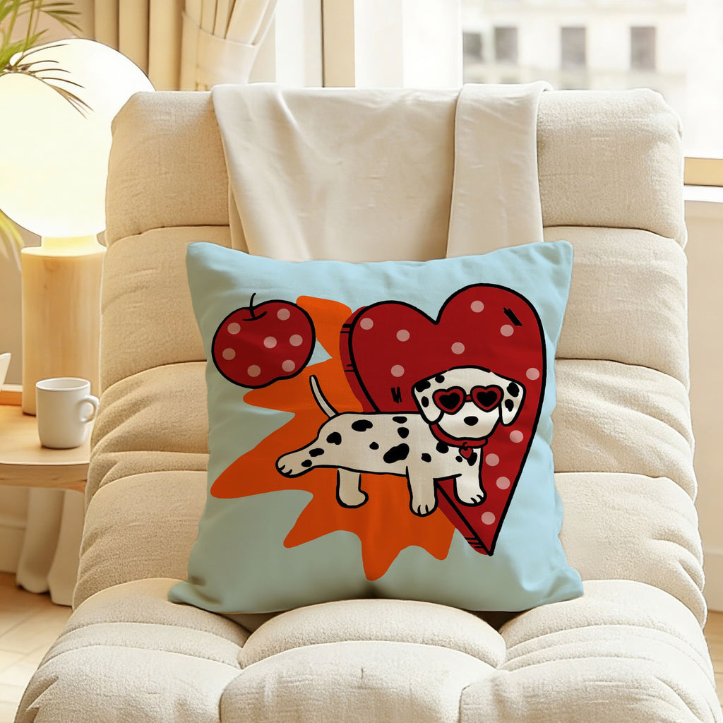 Cherry Heart Dalmatian Cushion, pale blue cushion with a dalmatian in heart sunglasses and a red polka dot heart