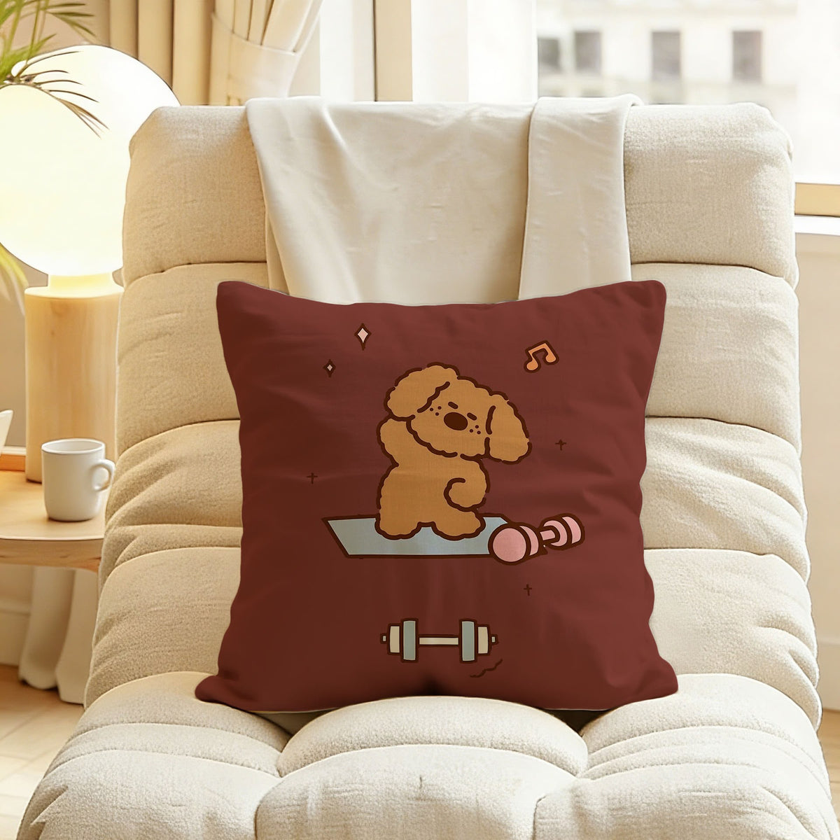 Hattie Gym Poodle Cushion, maroon cushion with a cartoon poodle lifting weights