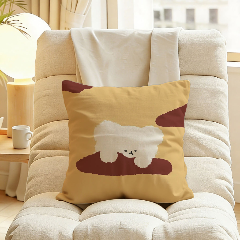 Honey Mustard Puppy Cushion, mustard cushion with a fluffy cream puppy peeking over a burgundy shape