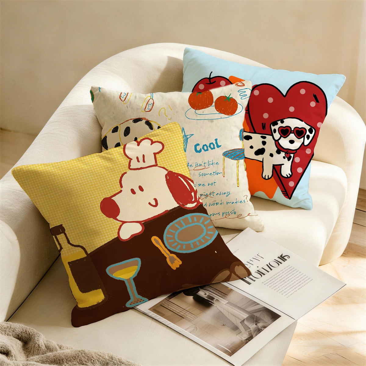 Biscuit Chef Puppy Cushion on a cream armchair with the matching puppy cushions