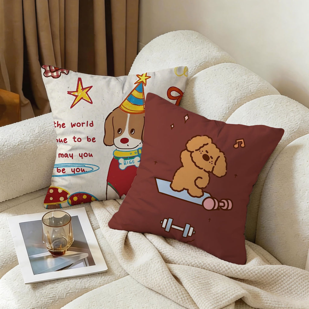 Bailey Party Beagle Cushion on a sofa beside the maroon poodle cushion