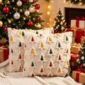 Noelle Three Colour Christmas Tree Cushion, cream tufted cover with red, green and gold trees