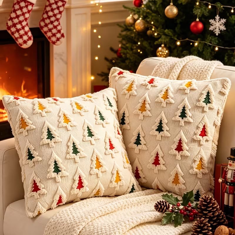 Noelle Three Colour Christmas Tree Cushions on a sofa by the fire